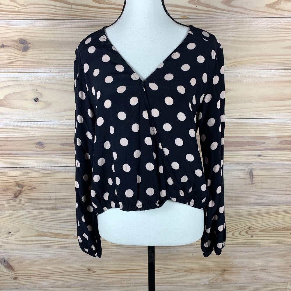 Sanctuary Blouse Womens Small Black Polka Dot Balloon Sleeve V-Neck Top